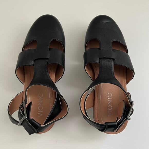 Vionic Faye T-Strap Leather Clog Sandals Women's 7 Black Studded Woven Strappy - Picture 15 of 16